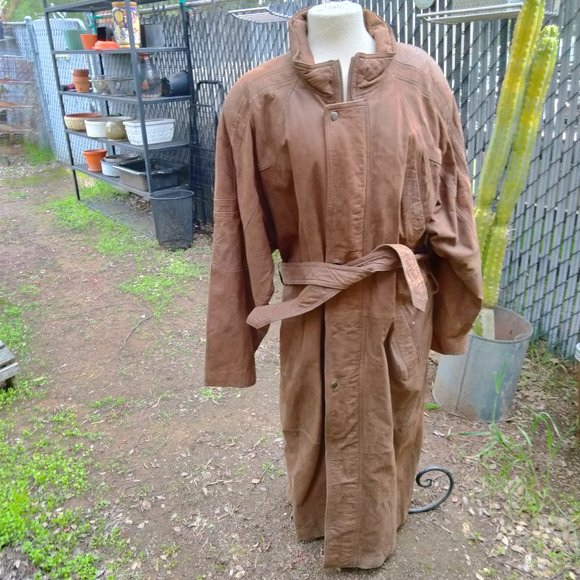 1991 IOU LEATHER COAT DUSTER Full Length with Belt Shoulder Pads Large